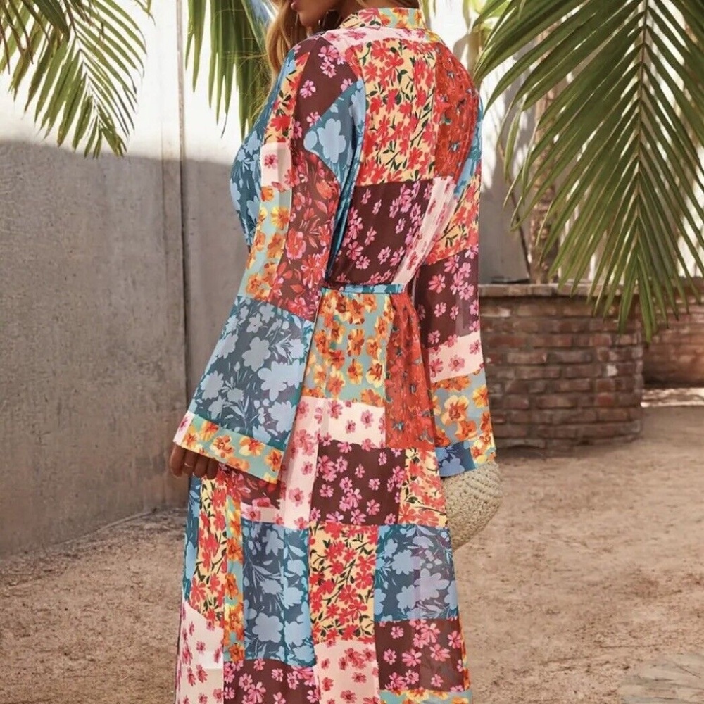 Boho Retro Vintage Floral Sheer Chiffon Kimono Gypsy Robe Duster beach coverup - Picture 4 of 5